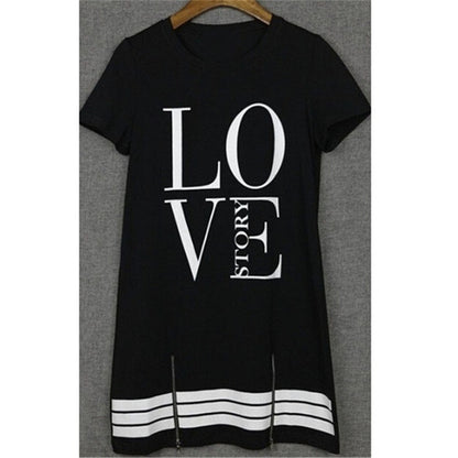 Women Casual Letter Print Fashion Round Neck Short Sleeves Zipper Loose Dress