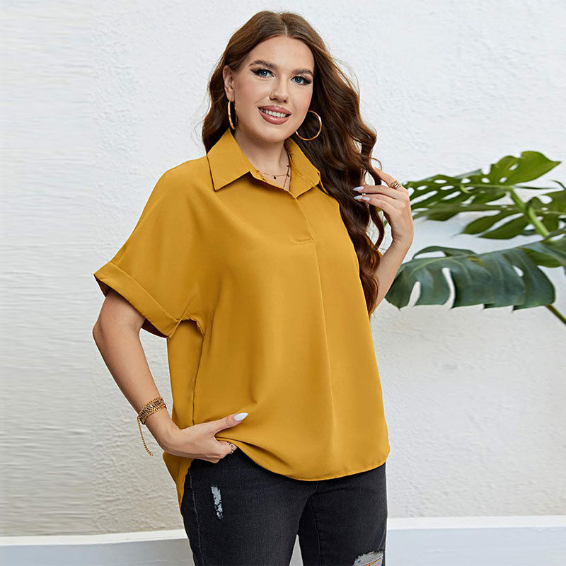 Casual Plus Size Women Solid Color Summer Polo Collar Chiffon Shirt Lapel Short Sleeve Blouse