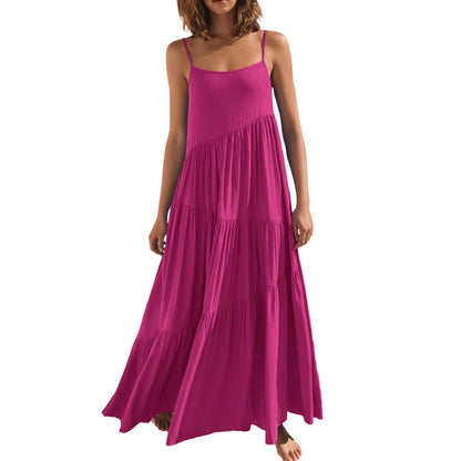 Women Casual Sleeveless Summer Loose Ruffled Solid Color Dress