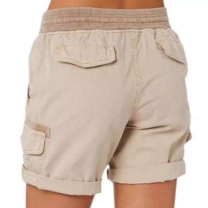 Women Fashion Casual Solid Color Cotton And Linen High Waist Drawstring Shorts