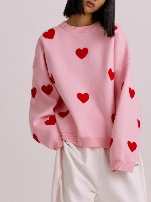 Women Fashion Cute Heart-Shaped Round Neck Winter Loose Casual Knitted Sweater