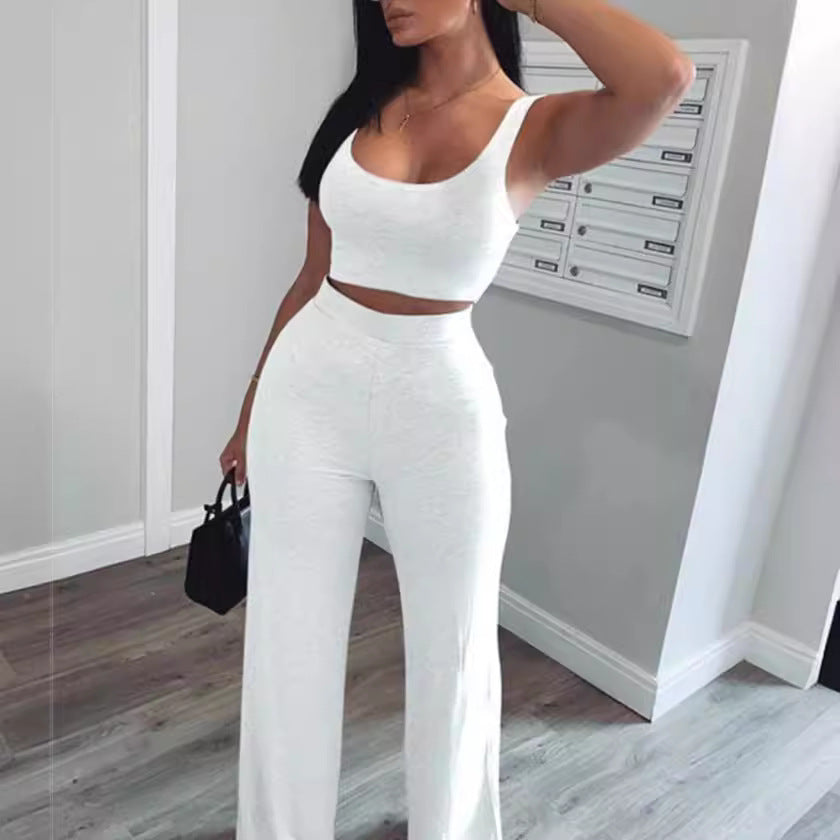 Women Fashion Casual Solid Color Tank Top High-Waiste Loose Pant Two-Piece Set