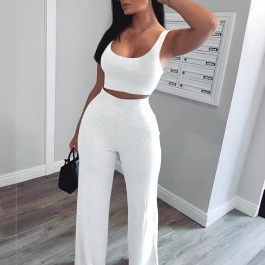 Conjunto de dos piezas de camiseta sin mangas informal de color liso con cintura alta y pantalón holgado para mujer