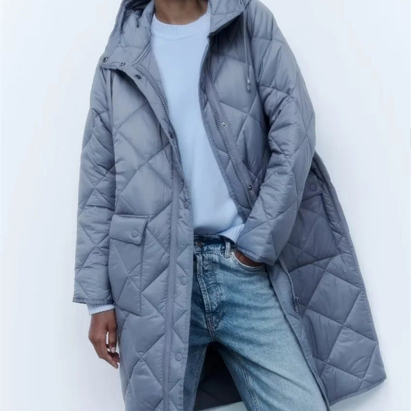 Chaqueta con capucha acolchada larga y cálida informal para mujer de otoño e invierno