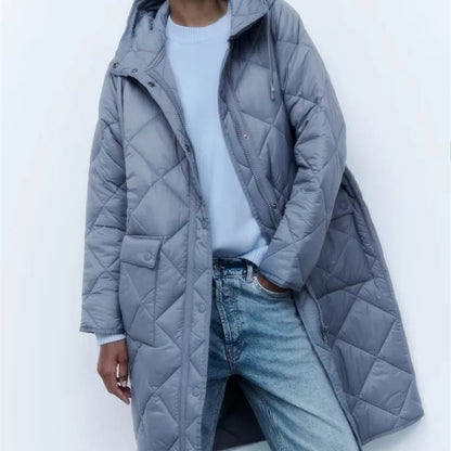 Chaqueta con capucha acolchada larga y cálida informal para mujer de otoño e invierno