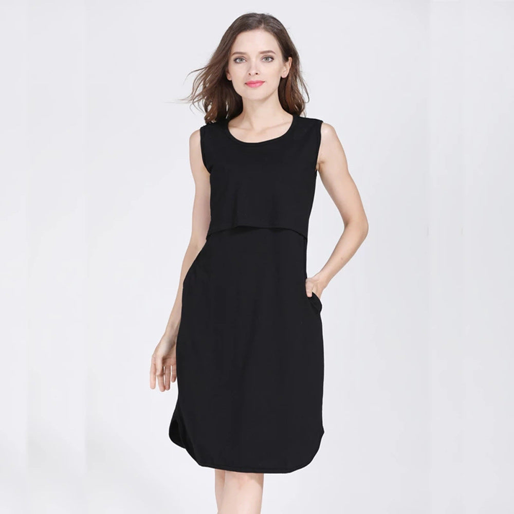 Summer Women Casual Solid Color Round Neck Sleeveless Nursing Dress