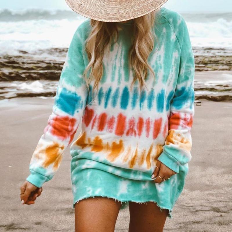 Women Fashion Casual Tie-Dye Printed Loose Long Sleeve Dress