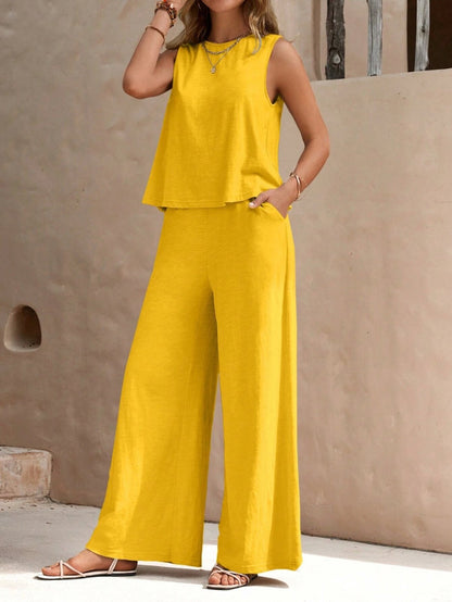 Conjunto de dos piezas para mujer: top sin mangas y pantalón ancho de color liso informal