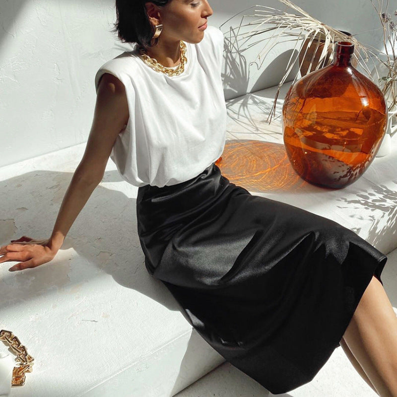 Autumn Spring Women High Waist Satin Slim-Fit Elegant Casual Office Solid Skirt