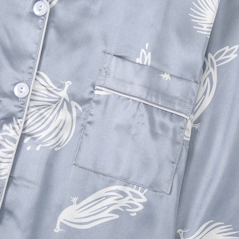 Conjunto de pijama informal de manga larga con solapa y estampado de plumas para mujer