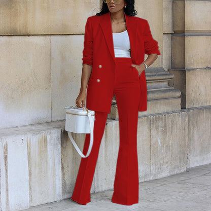Traje de dos piezas con blazer informal de color liso y pantalones anchos para mujer