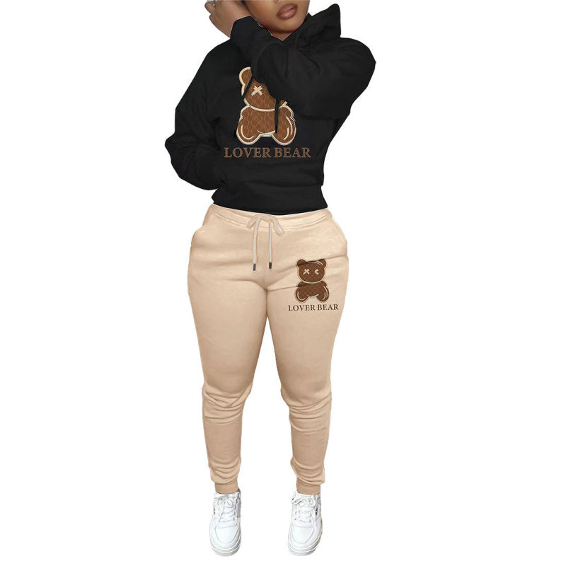 Autumn Winter Thickened Hooded Bear Pattern Sweatshirt And Pants Women Casual Athleisure Set