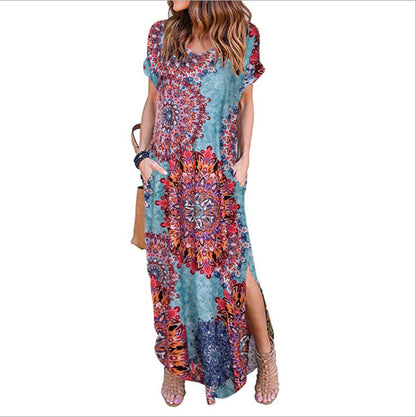 Vestido largo informal bohemio de verano para mujer, con estampado floral, manga corta, abertura lateral y cuello en V