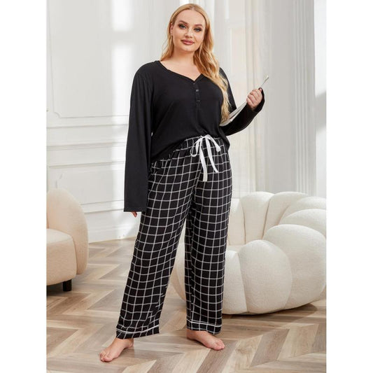 Conjunto de pijama informal de talla grande para mujer, de color liso, con top de manga larga y pantalones con estampado a cuadros
