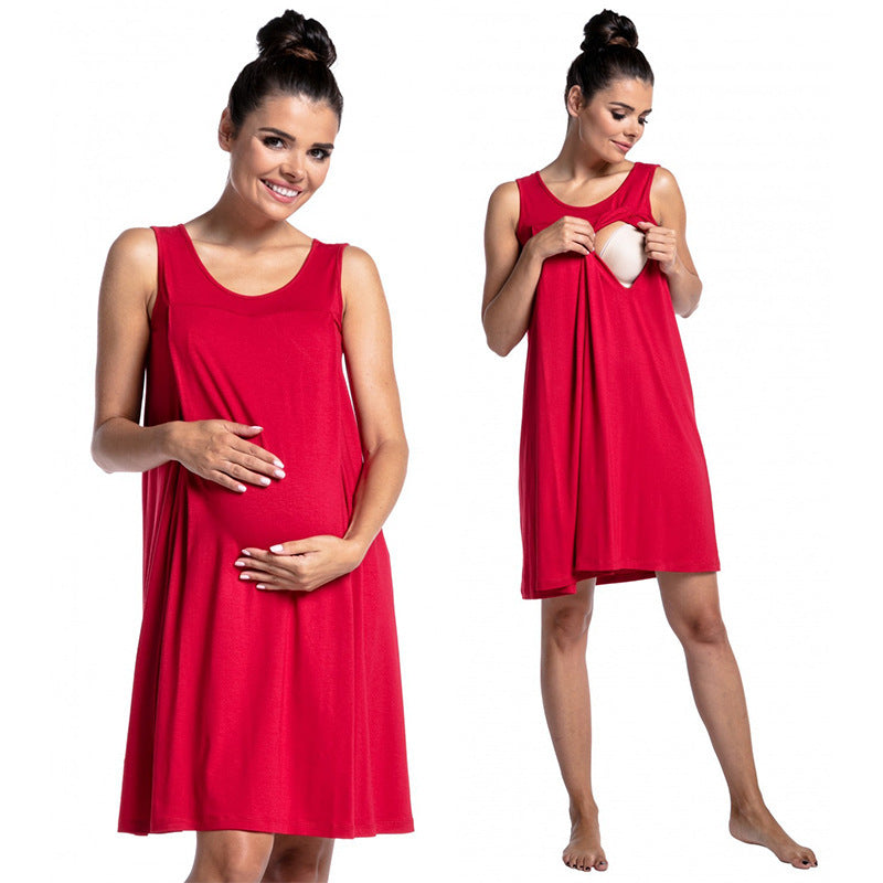 Pregnant Women Casual Loose Solid Color Sleeveless Breastfeeding Dress