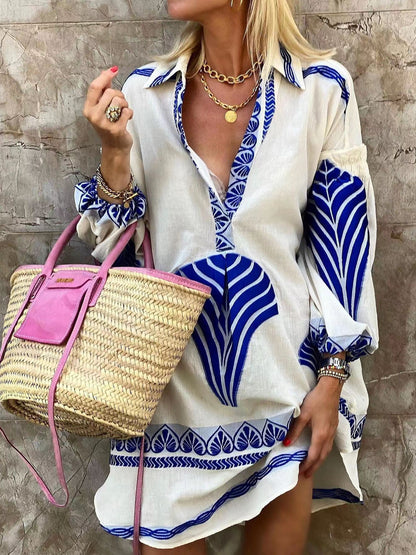 Women Boho Spring And Summer Casual Long Shirt Loose Vacation V-Neck Dress
