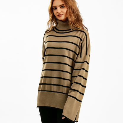 Autumn And Winter Women Casual Stripe Turtleneck Knitted Sweater