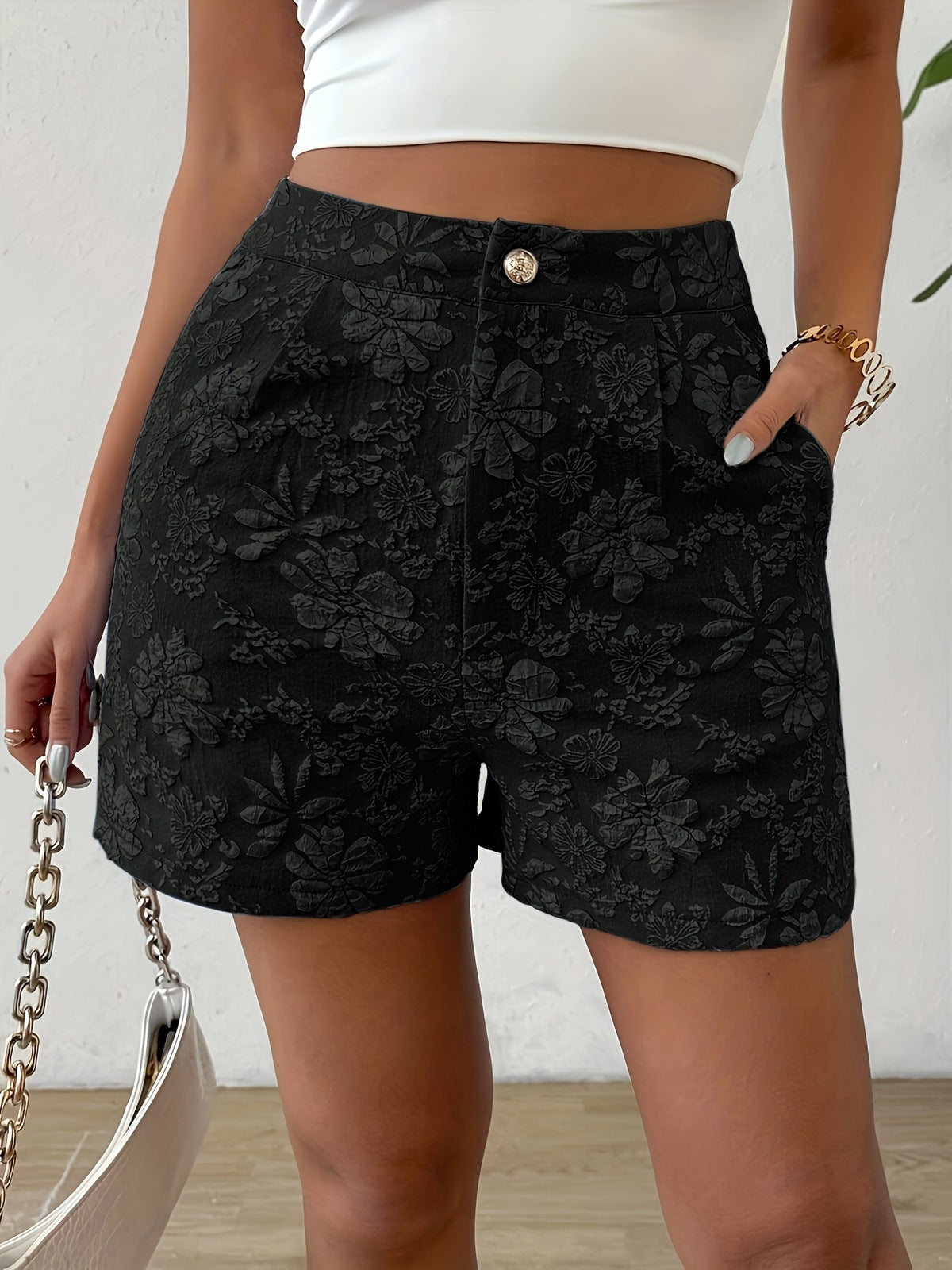 Pantalones cortos casuales con flores y cintura alta a la moda para mujer