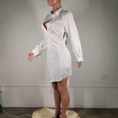 Women Fashion Casual Long Sleeve Solid Color Drawstring Hem Shirt Dress