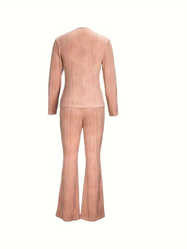 Conjunto de dos piezas de camiseta y pantalones holgados de manga larga con estampado de ondas de color liso y talla grande para mujer