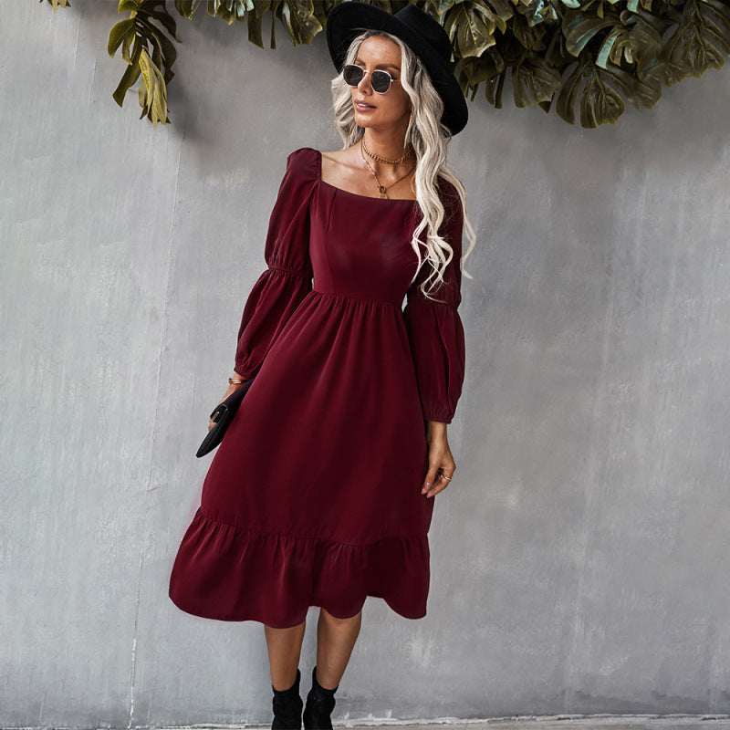 Women Casual Holiday Style Solid Color Square Neck Lantern Long-Sleeved Dress