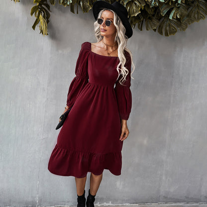 Women Casual Holiday Style Solid Color Square Neck Lantern Long-Sleeved Dress