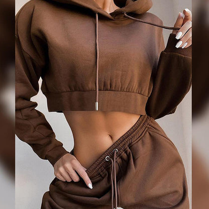 Women Casual Solid Color Fleece-Lined Hooded Loose Drawstring Pants Two-Piece Set