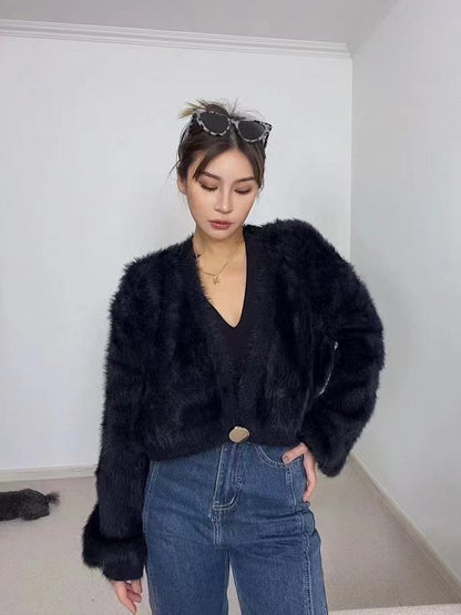 Chaqueta cárdigan de punto de felpa informal de moda para mujer de otoño e invierno