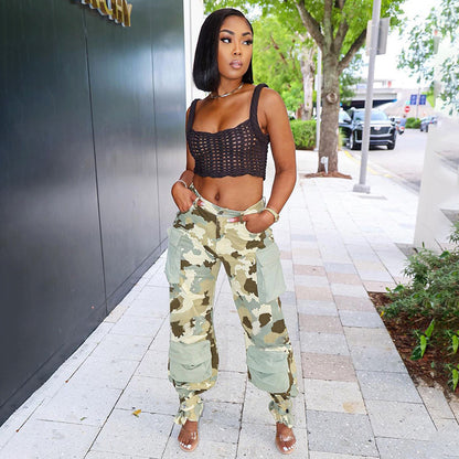 Women Casual Street Camouflage Printed Pocket Stitching Color Contrast Straight Foot Cargo Pants