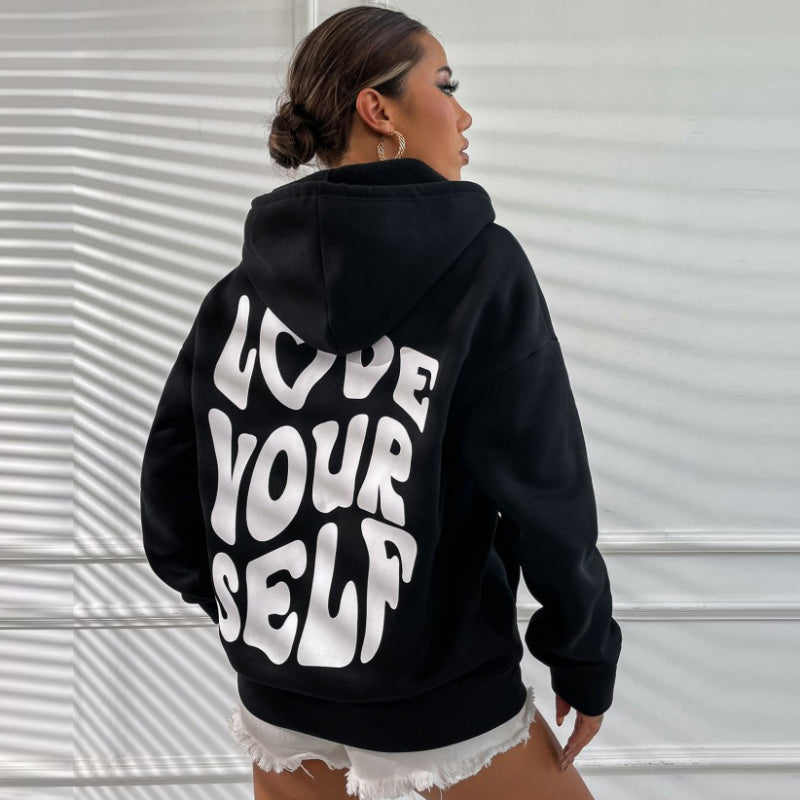 Sudadera con capucha de manga larga con estampado de letras en la espalda, holgada e informal para mujer