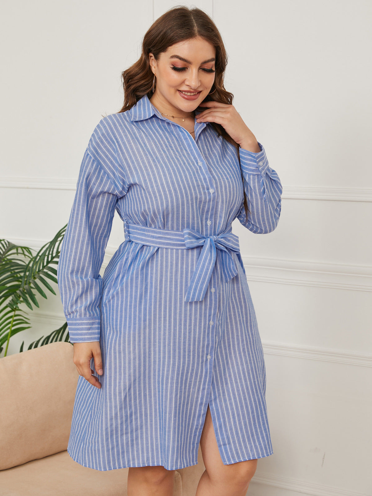 Women Fashion Casual Plus Size Stripe Lapel Long-Sleeve Single Breasted Lace-Up Dress