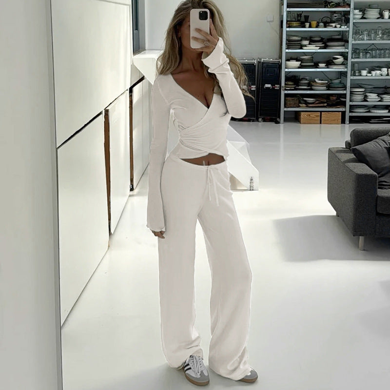 Conjunto de dos piezas de top informal con mangas abullonadas y pantalones holgados con forro polar para mujer