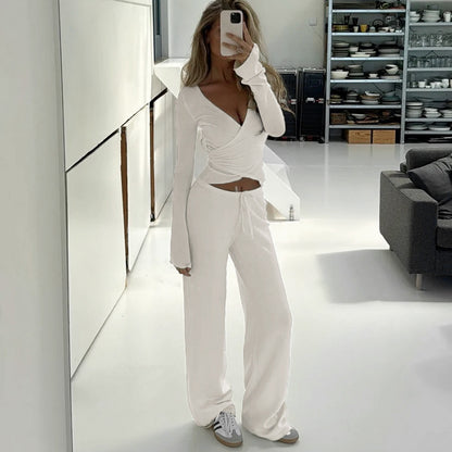 Conjunto de dos piezas de top informal con mangas abullonadas y pantalones holgados con forro polar para mujer
