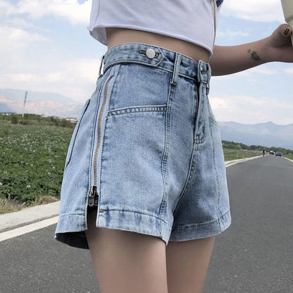 Women Fashion Casual Letter Printing Zipper Denim Shorts