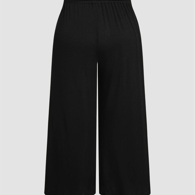 Plus Size Women Elastic Casual Office Drawstring High Waist Straight Trousers