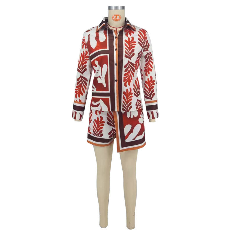 Conjunto de dos piezas para mujer, de manga larga, informal, a la moda, con estampado de hojas, camisa y pantalones cortos, para verano