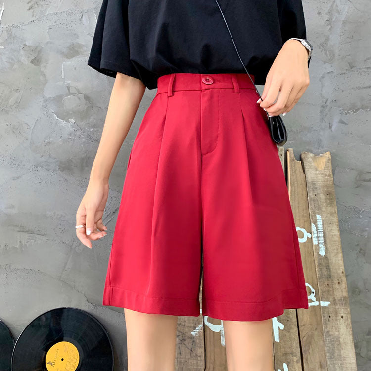 Summer Women Casual Solid Color Black Straight Suit Shorts