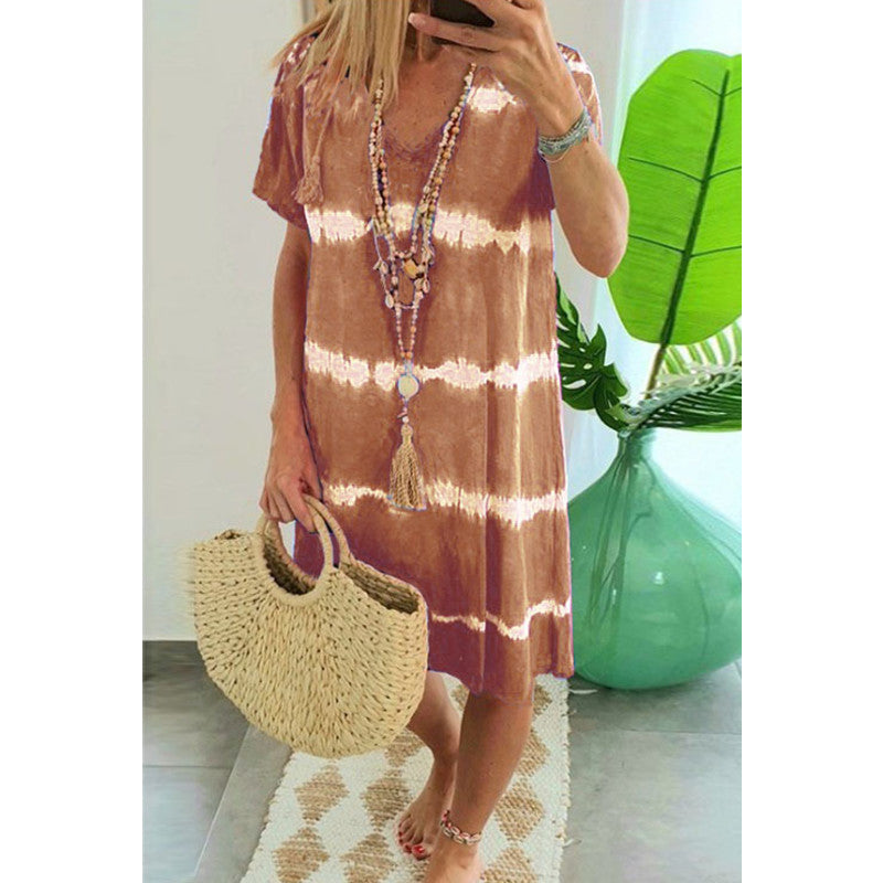 Women Casual Tie Dye Short Sleeve Summer V Neck Loose Bohemian Beach Dress