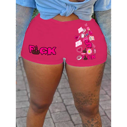 Women Fashion Casual Letter Printing Elastic Waist Shorts