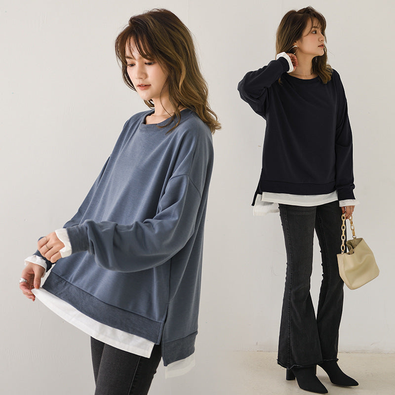 Women Fashion Casual Solid Color Fake Two-Piece Long Sleeve Crewneck Sweatshirt