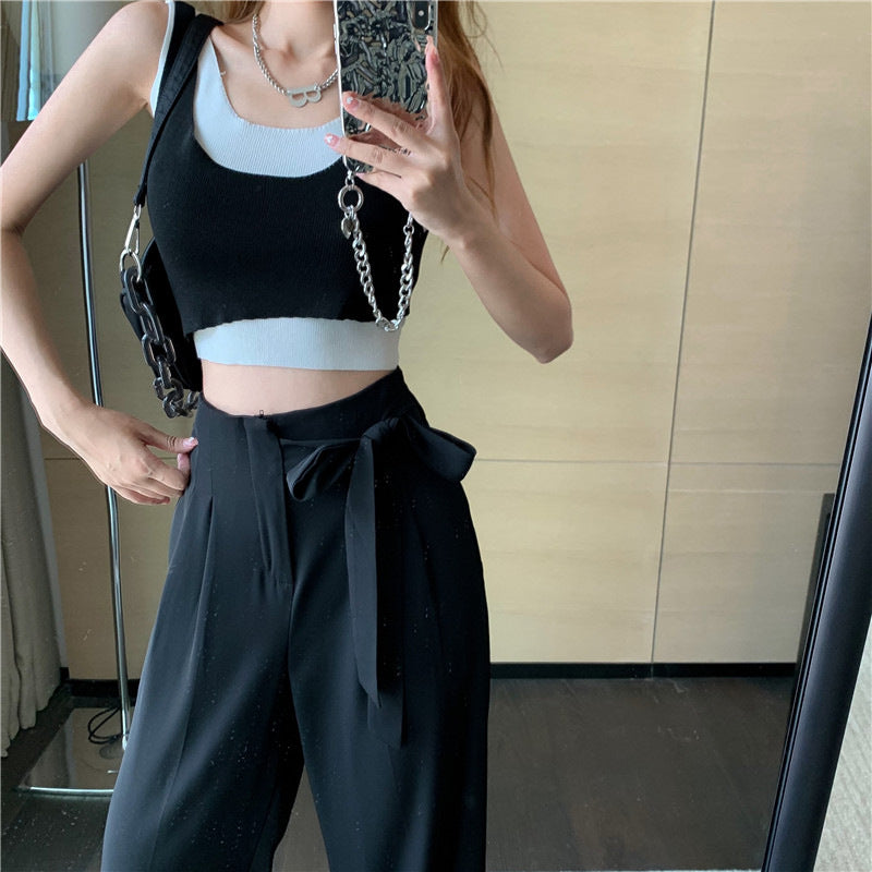 Women Fashion Casual Solid Color Bowknot Office Chic Wide Leg Pants