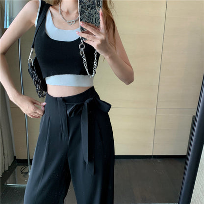 Women Fashion Casual Solid Color Bowknot Office Chic Wide Leg Pants
