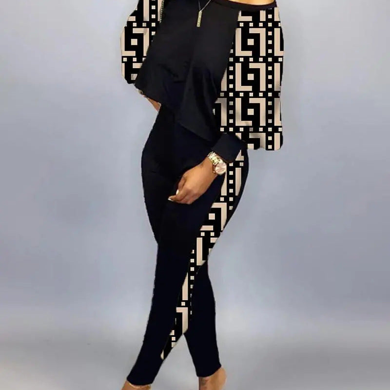 Conjunto de top holgado y pantalones ajustados con estampado gráfico informal de moda para mujer