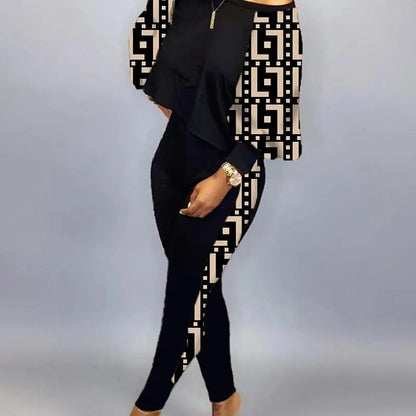 Conjunto de top holgado y pantalones ajustados con estampado gráfico informal de moda para mujer