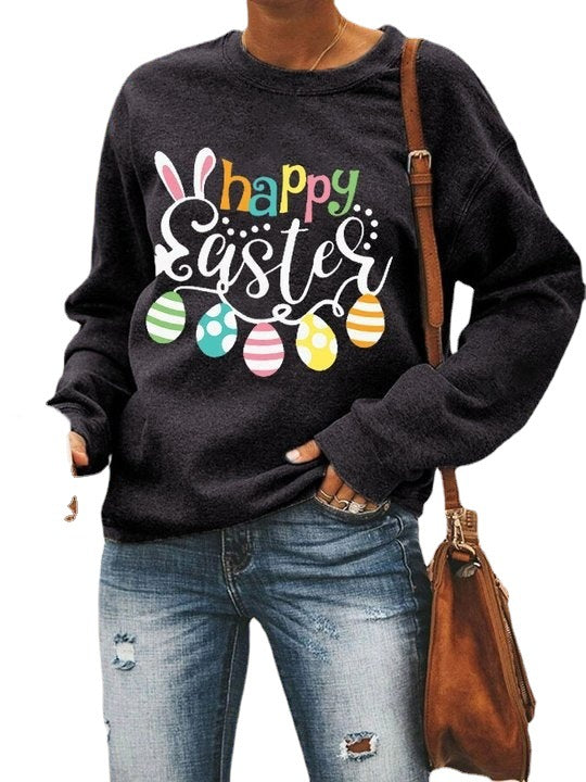 Sudadera informal de manga larga con cuello redondo y estampado de conejo de Pascua para mujer