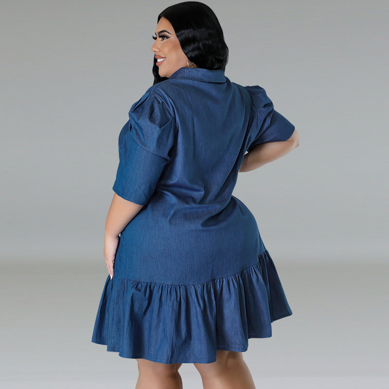 Women Fashion Casual Plus Size Lapel Short Sleeve Pleated Denim Dress