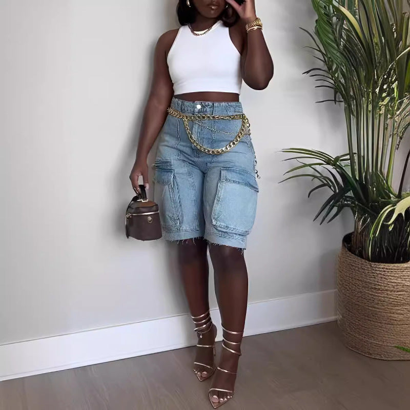 Women Fashion Casual Cargo Denim Shorts