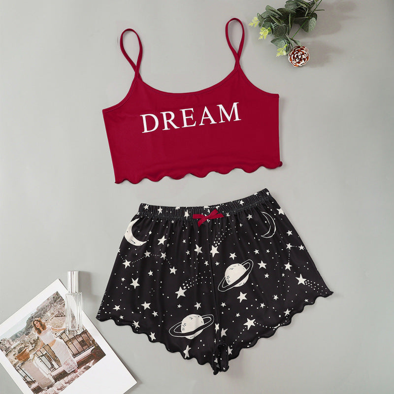 Conjunto de pijama informal atrevido con top corto sin mangas y pantalones cortos para mujer