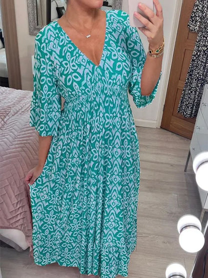 Vestido largo informal con cuello en V y estampado de flores pequeñas para mujer