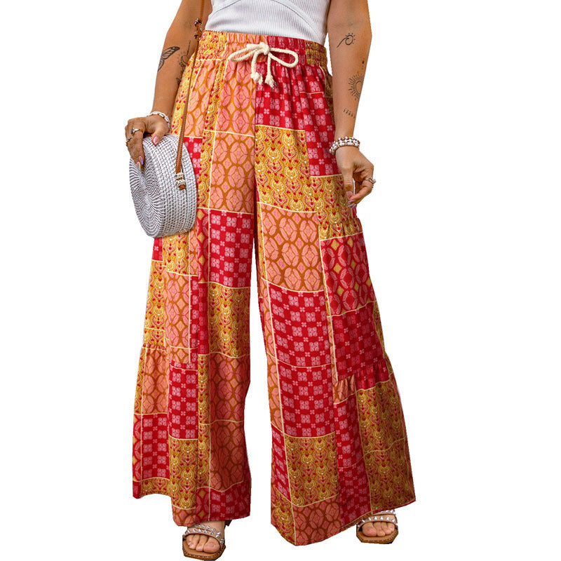 Pantalones casuales de pierna ancha y holgados con estampado de flores pequeñas para mujer